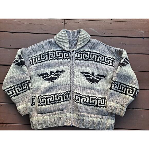Cowichan Sweater Cardigan L Chunky Wool Knit Eagle Thunderbird Handmade Canada - Picture 1 of 6